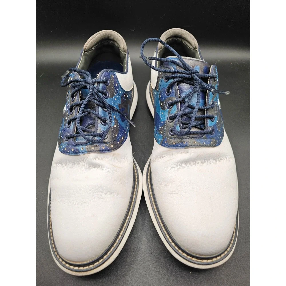 FootJoy Traditions 9.5 Golf Shoes White Blue Camo Saddle Spiked Leather Mens